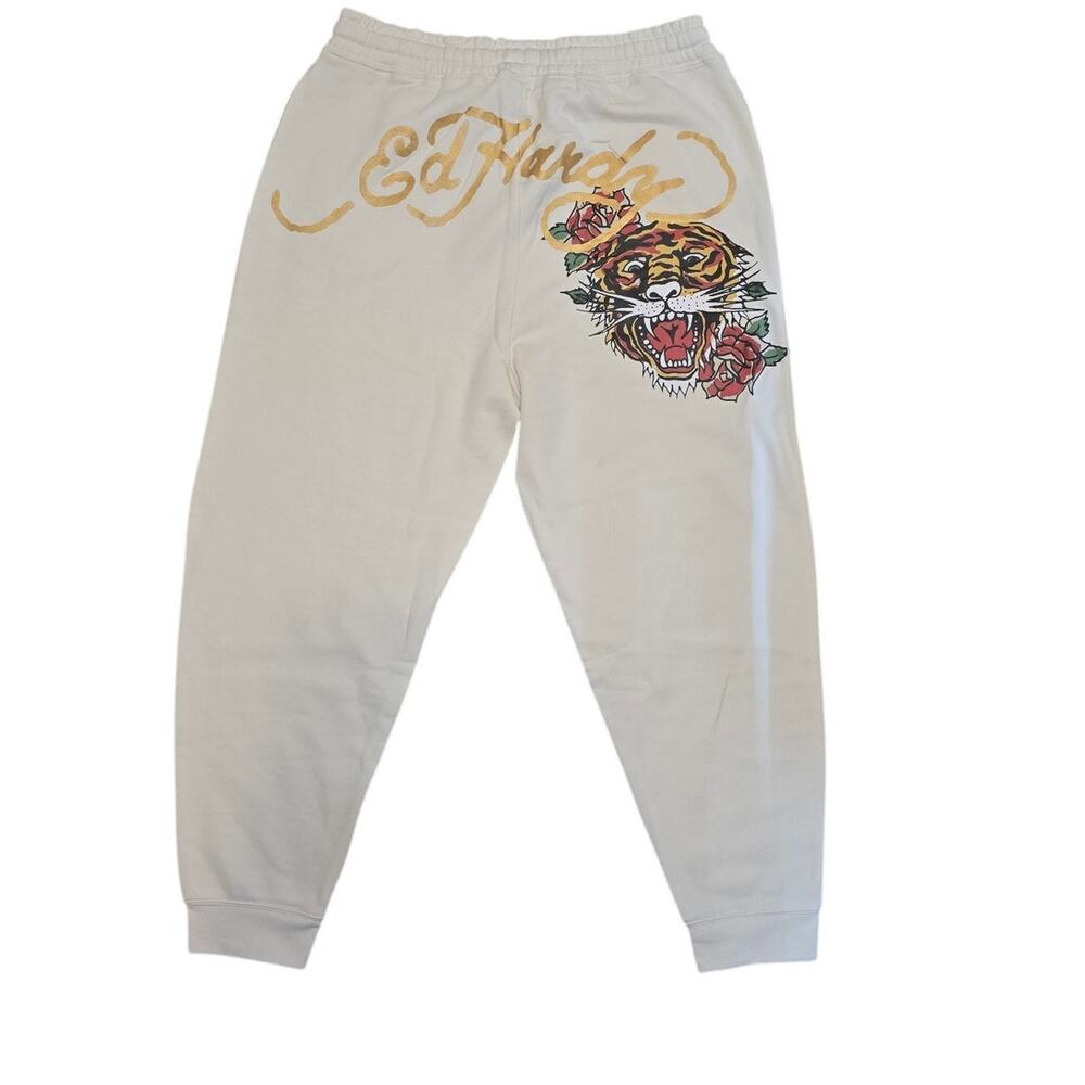 Ed Hardy Womens XL Tiger Rose Jogger Sweatpants Ivory Gold Graphic NWT NEW